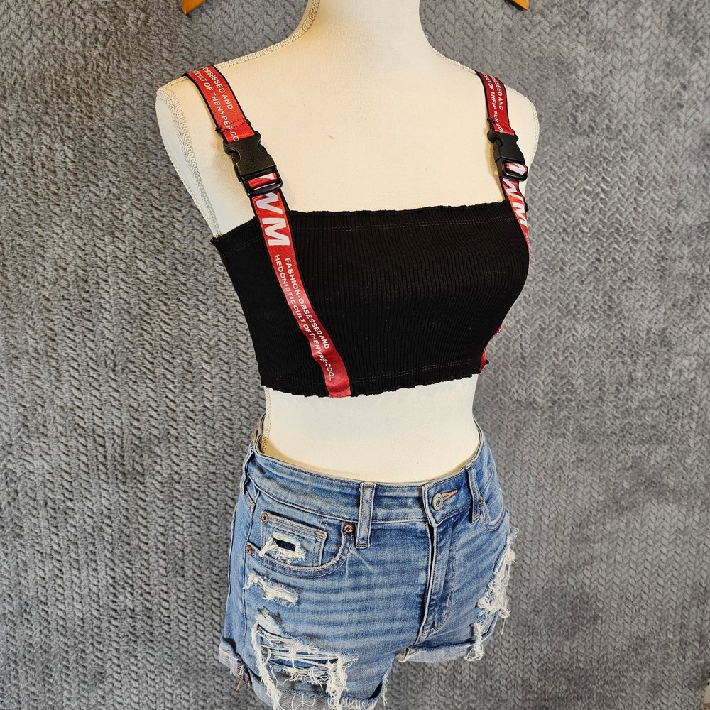 Ribbed Buckle Strap‎ Crop Top Black Red S Industrial Streetwear Techwear Baddie